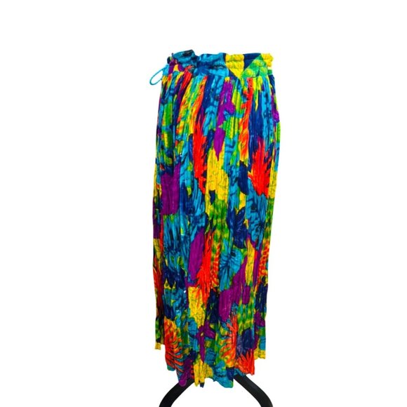 TARA Colorful Pleated Boho Maxi Skirt 100% Cotton Tropical Print Crinkle Texture - Picture 2 of 8